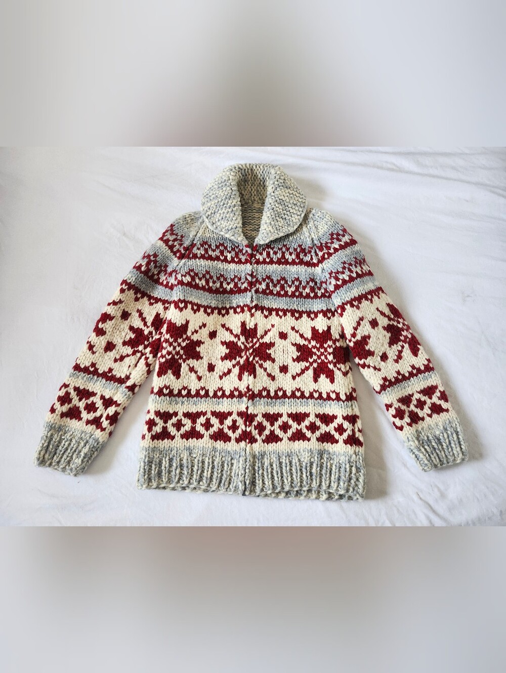 Vintage Handmade Chunky Knit Wool Sweater - Red & Cream